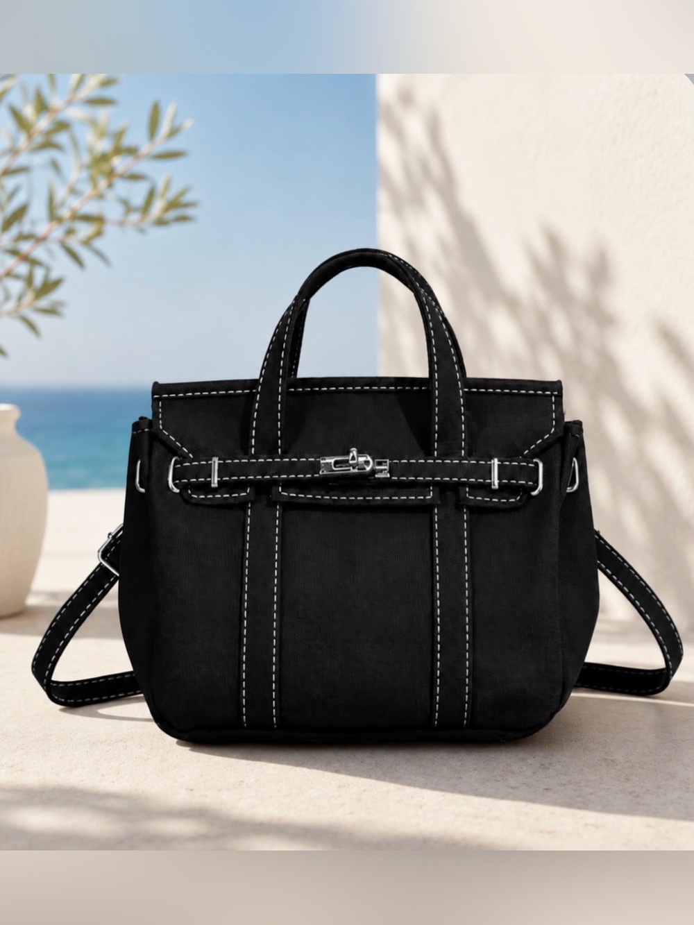 Small Black Canvas Tote Bag with Adjustable Strap